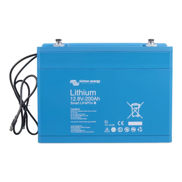Blue lithium battery with Victron Energy branding on a white background