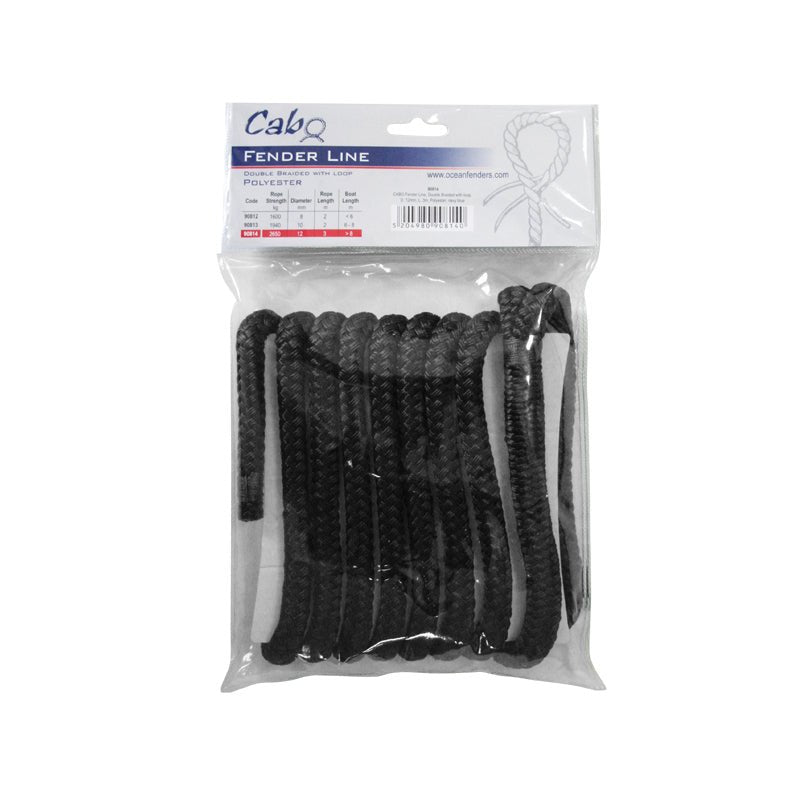 CABO Fender Line, Double Braided, w/ loop, Diameter 1/2 '' (12mm), L 9.8ft (3m), Polyester, Black - Steveston Marine and Hardware