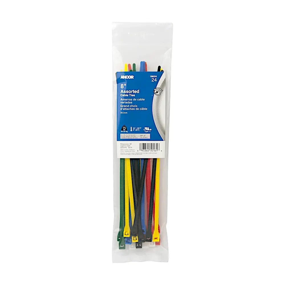 Ancor Cable Tie Kit - Assorted Colors 8" - 24 Pcs/Bag (199224) - Steveston Marine and Hardware