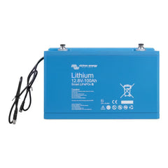 Blue lithium battery with Victron Energy branding on a white background