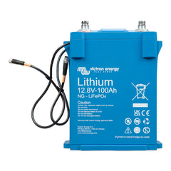 Blue lithium battery with Victron Energy branding on a white background