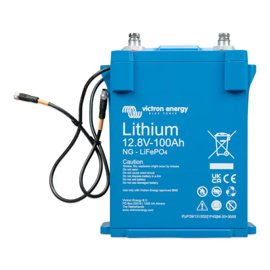 Blue lithium battery with Victron Energy branding on a white background