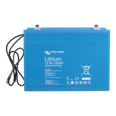 Blue lithium battery with Victron Energy branding on a white background
