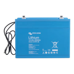 Blue lithium battery with Victron Energy branding on a white background