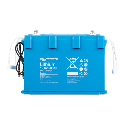 Blue lithium battery with Victron Energy branding on a white background