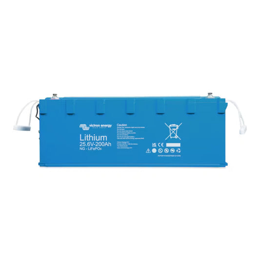 Blue lithium battery with Victron Energy branding on a white background