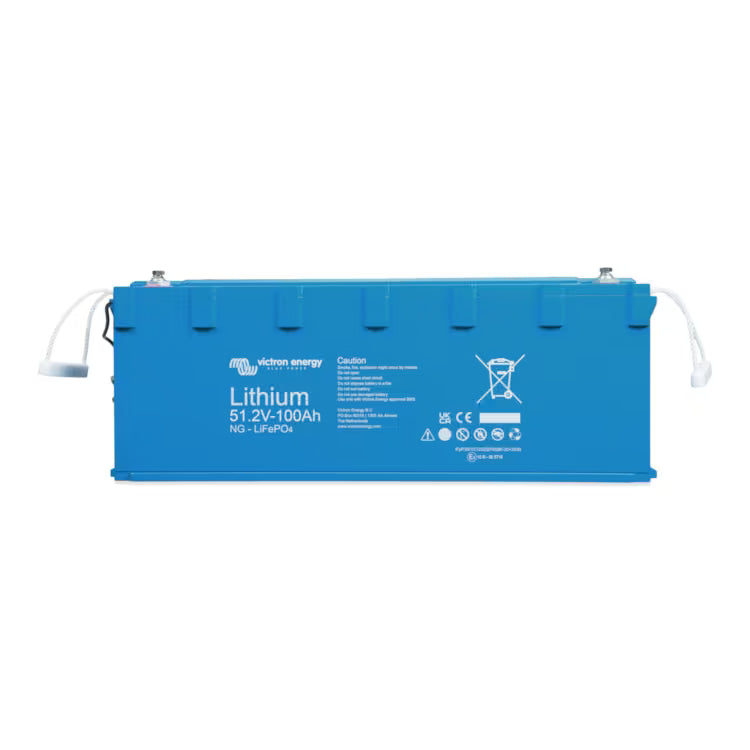 Blue lithium battery with Victron Energy branding on a white background